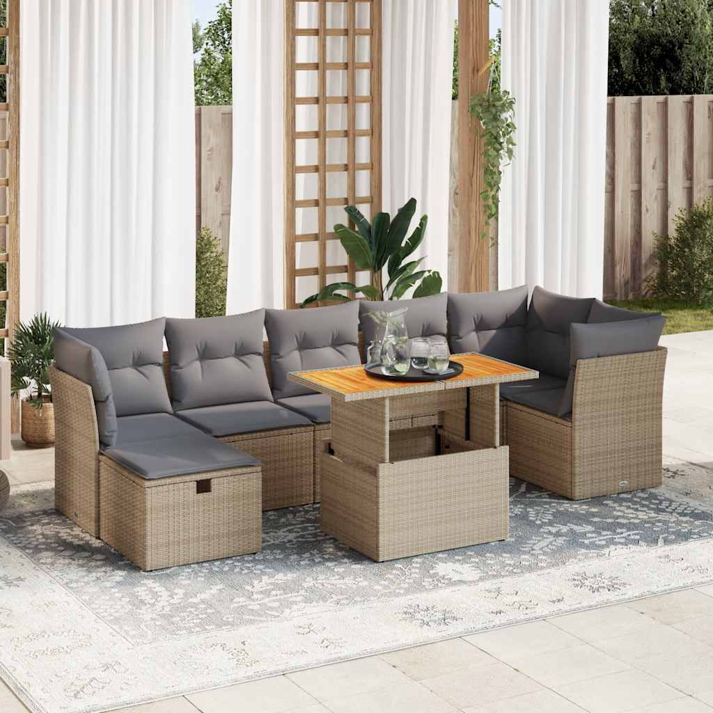 JUNG Vida 8-tlg. Garten-Sofagarnitur mit Kissen Beige Poly Rattan Akazie