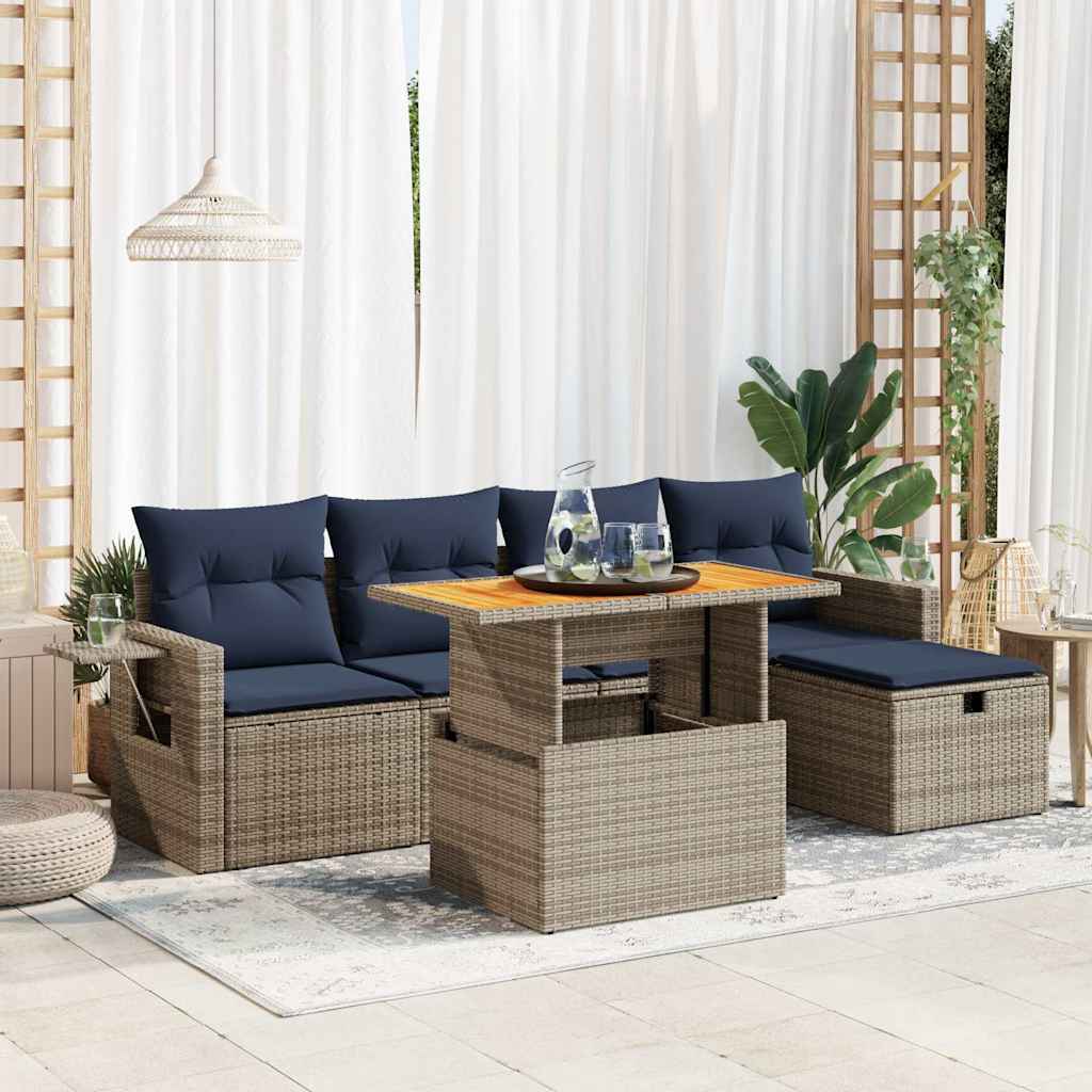 JUNG Vida 6-tlg. Garten-Sofagarnitur mit Kissen Grau Poly Rattan Akazie