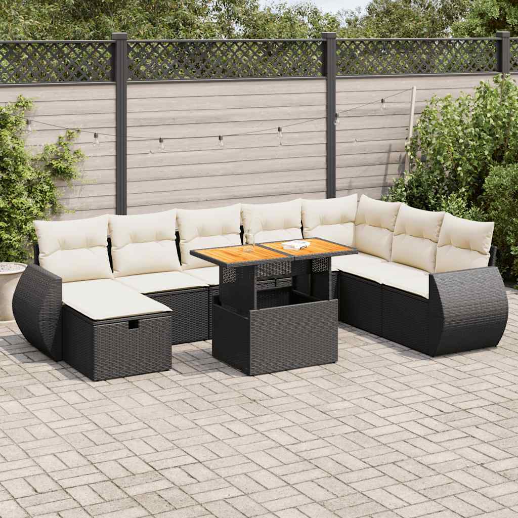 JUNG Vida 9-tlg. Garten-Sofagarnitur mit Kissen Schwarz Poly Rattan