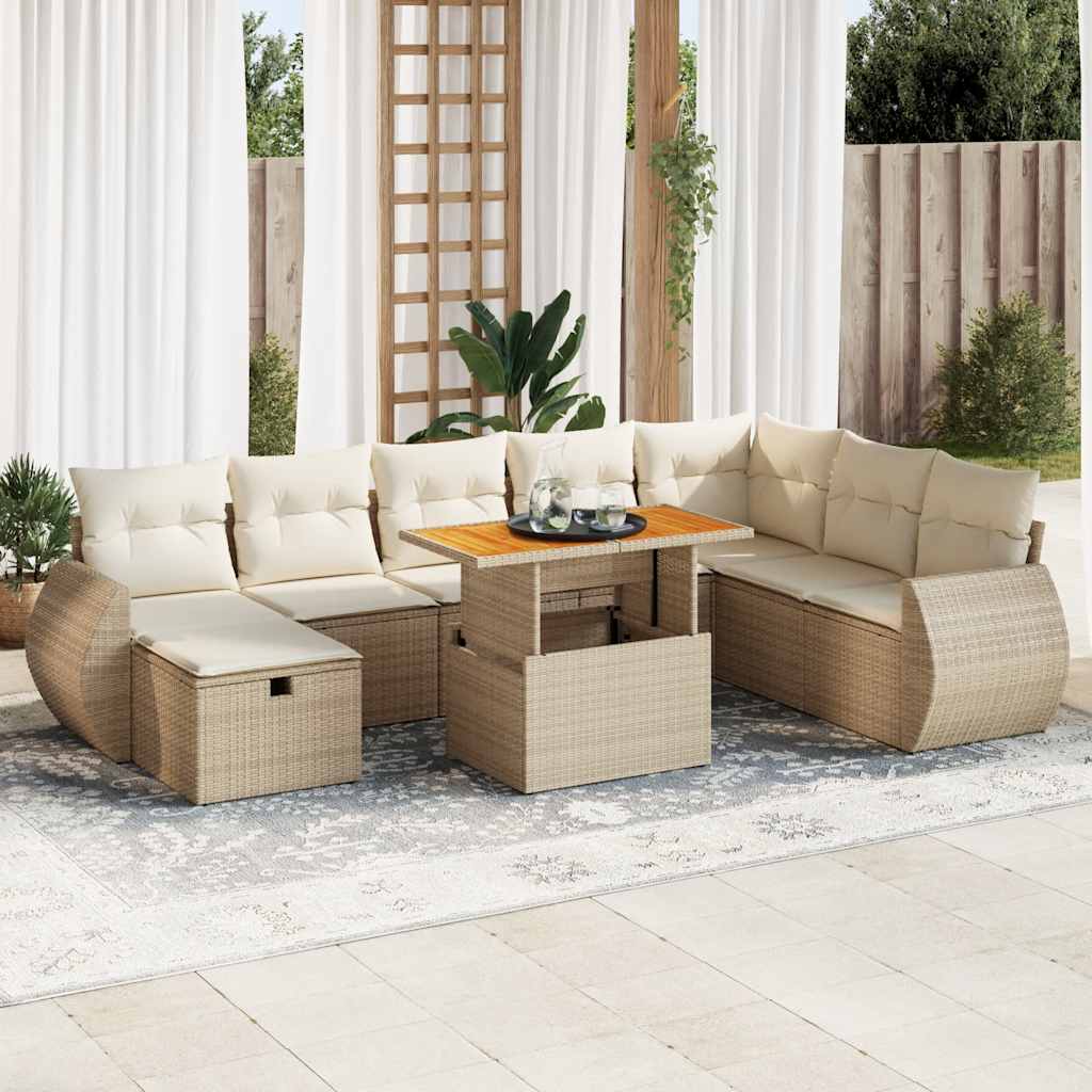 JUNG Vida 9-tlg. Garten-Sofagarnitur mit Kissen Beige Poly Rattan Akazie