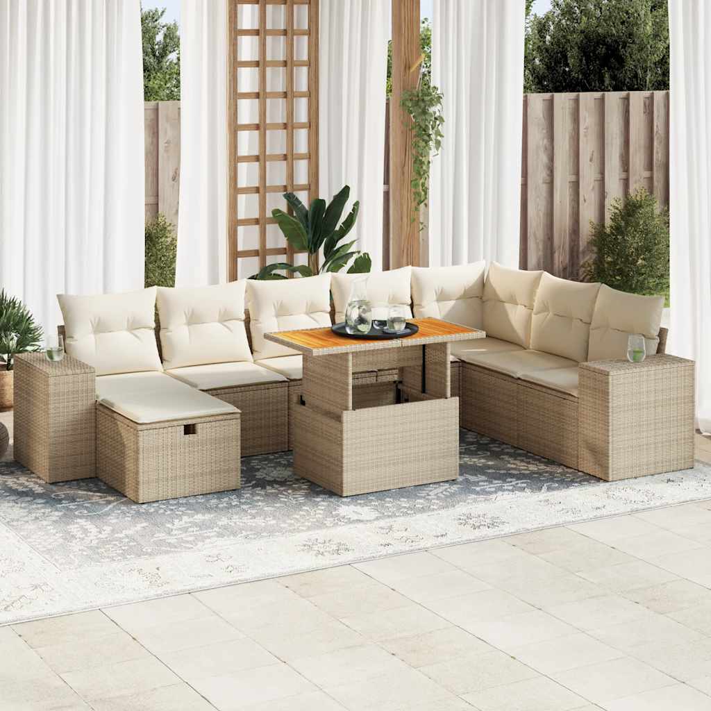 JUNG Vida 9-tlg. Garten-Sofagarnitur mit Kissen Beige Poly Rattan Akazie