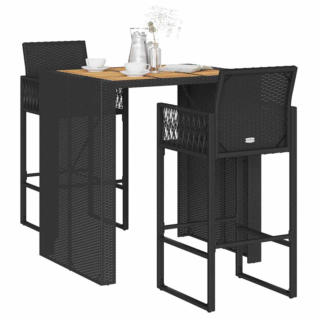 JUNG Vida 3-tlg. Gartenbar-Set ohne Kissen Schwarz Poly Rattan Akazie