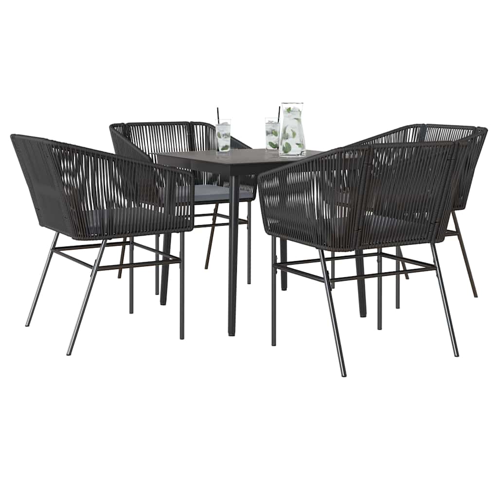 JUNG Vida 5-tlg. Garten-Essgruppe mit Kissen Schwarz Poly Rattan Glas