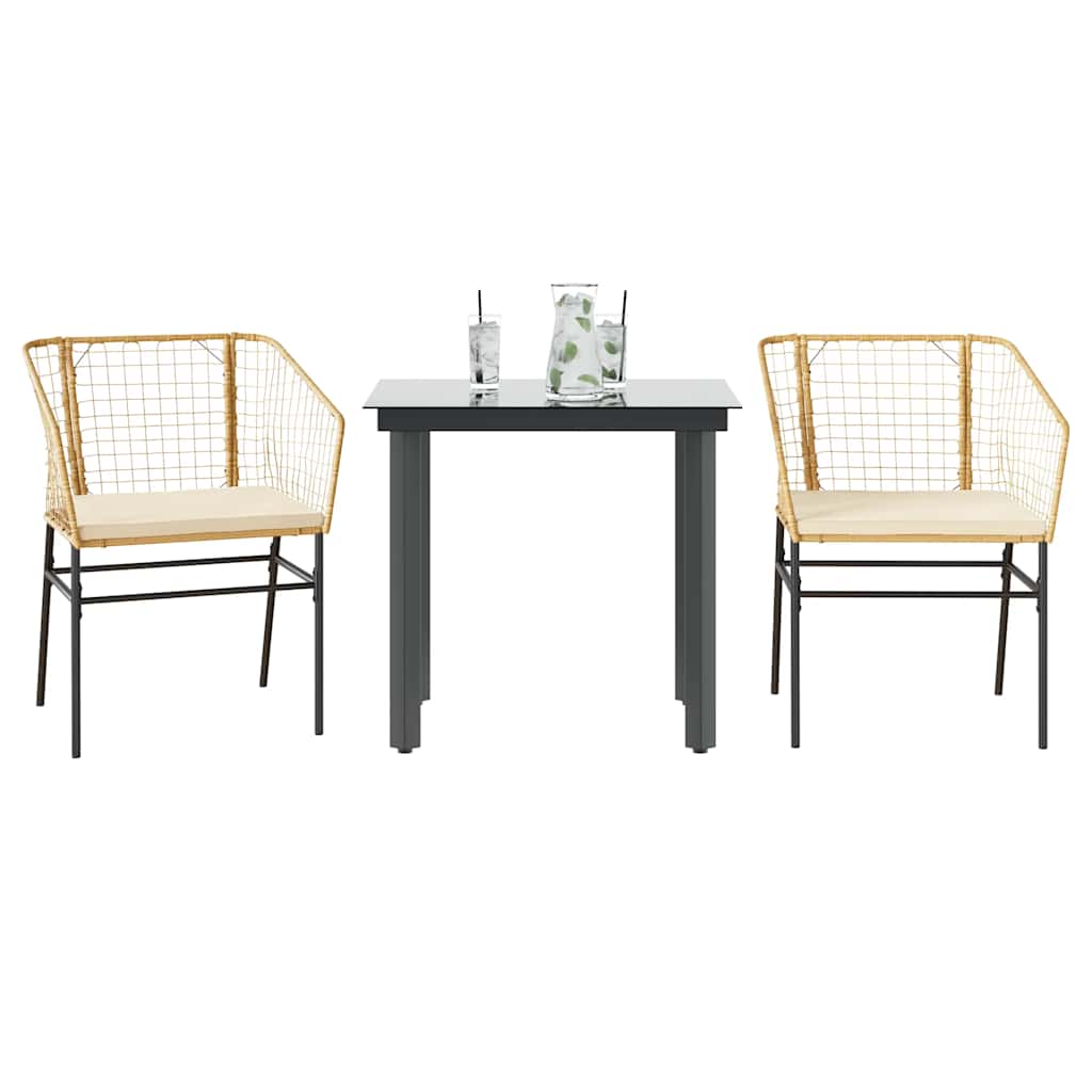 JUNG Vida 3-tlg. Garten-Essgruppe mit Kissen Braun Poly Rattan Glas