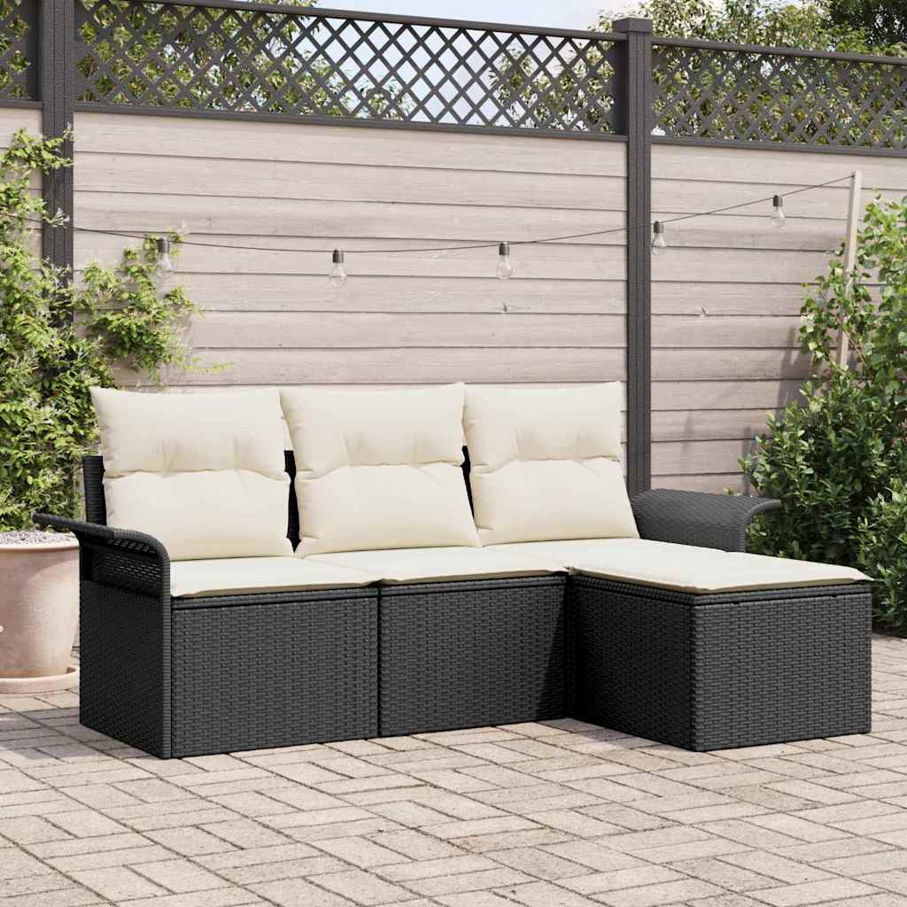 JUNG Vida Sofa Set mit Kissen 4 pcs Schwarz und Creme Poly-Rattan