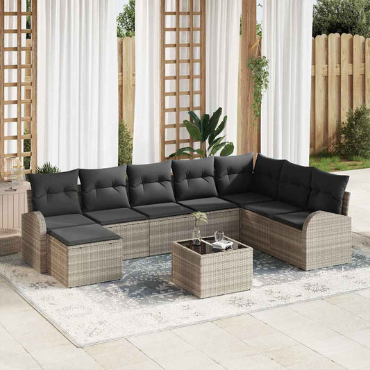 JUNG Vida Garten-Sofa-Set mit Kissen 9 pcs Hellgrau Poly Rattan