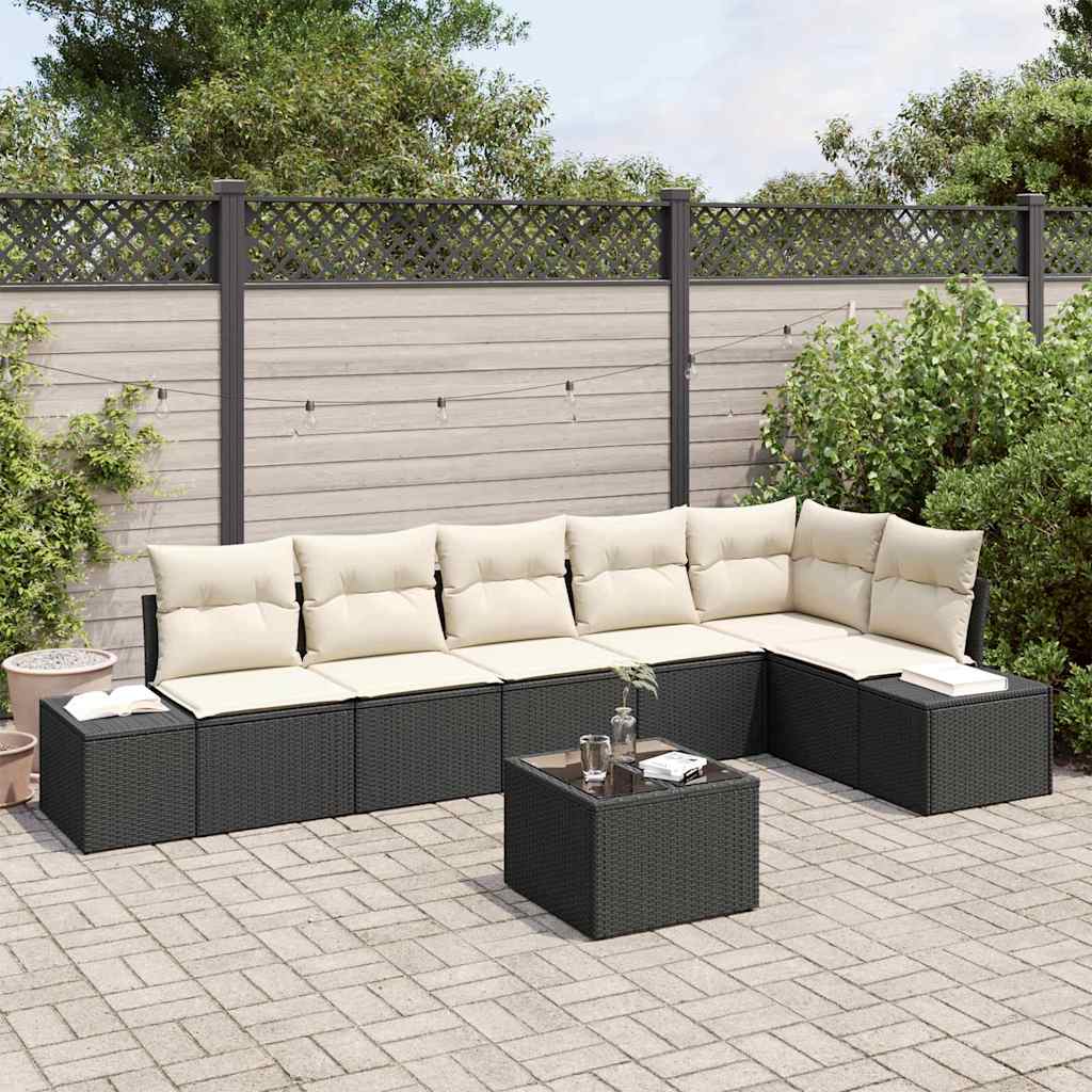 JUNG Vida Gartensofa-set mit Kissen 7 pcs Schwarz und Creme Poly-Rattan
