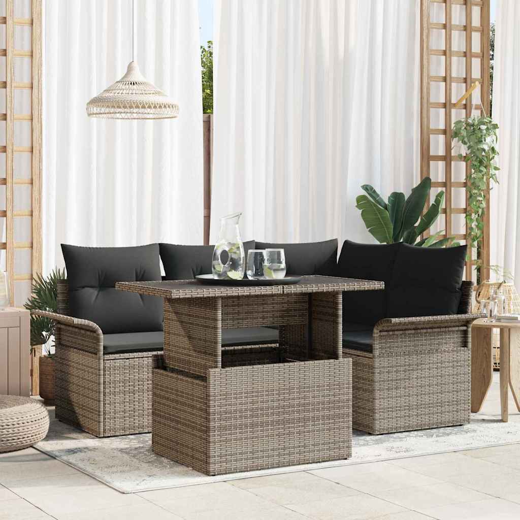 JUNG Vida Garten-Sofa-Set mit Kissen 5 pcs Grau Poly Rattan