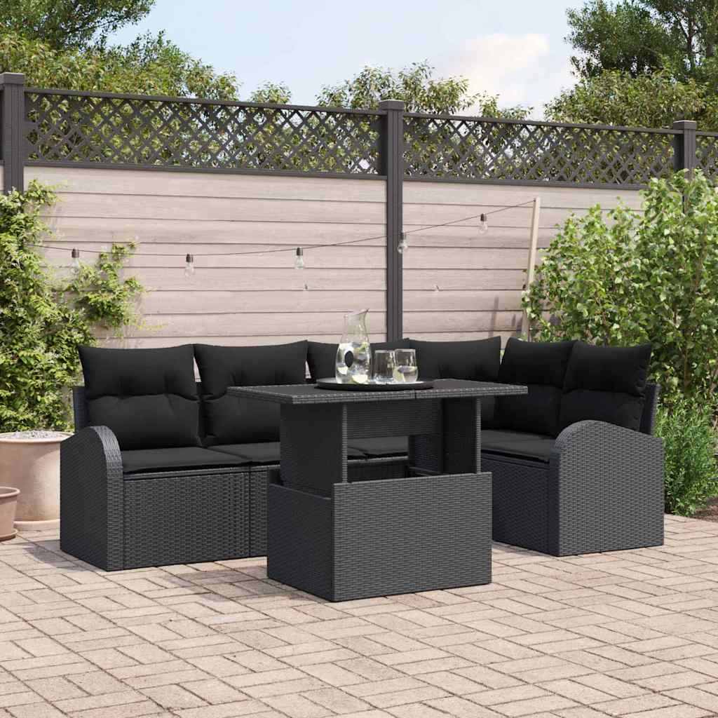 JUNG Vida Garten-Sofa-Set mit Kissen 6 pcs Schwarz Poly-Rattan