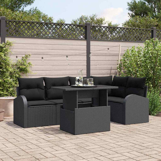 JUNG Vida Garten-Sofa-Set mit Kissen 6 pcs Schwarz Poly-Rattan