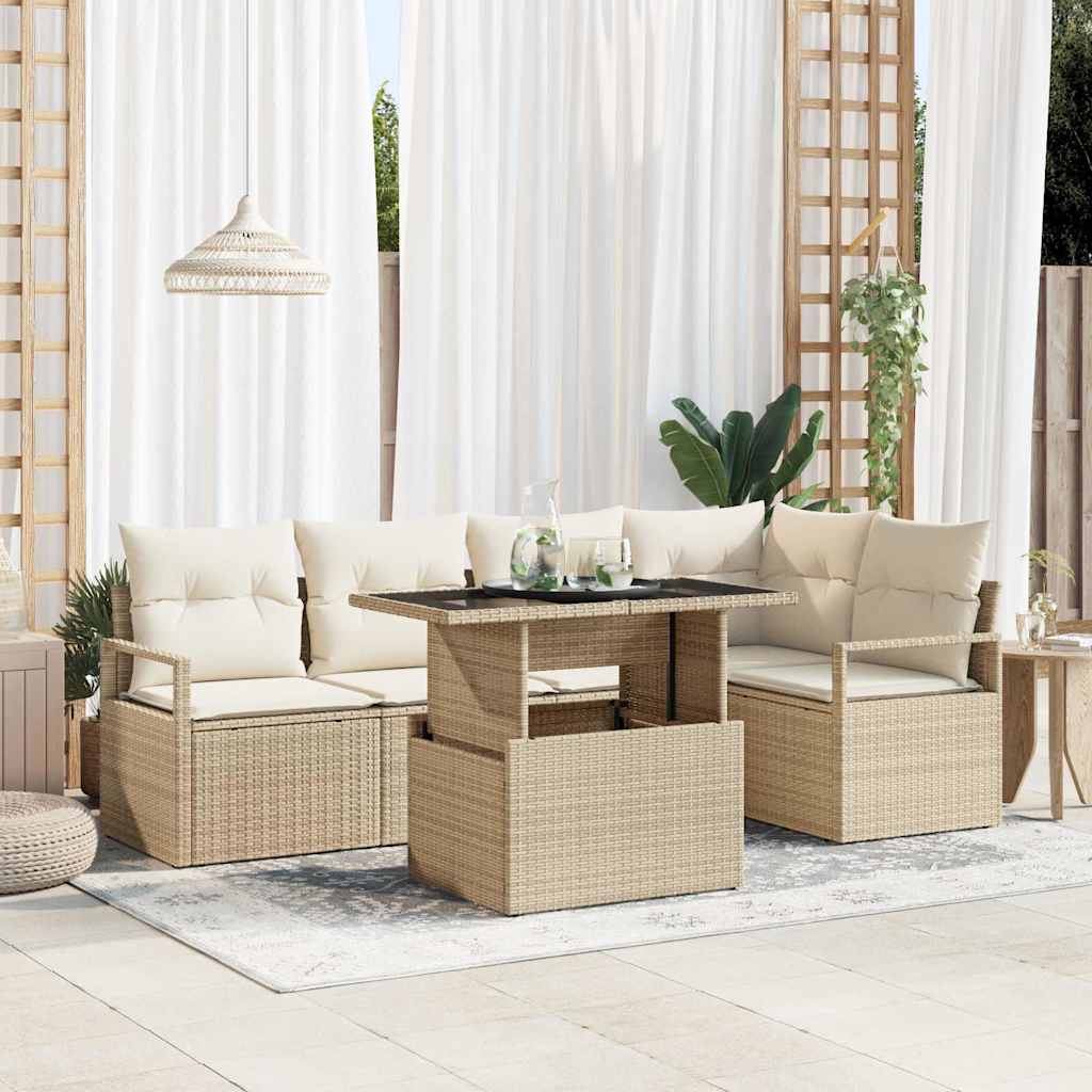 JUNG Vida Garten-Sofa-Set mit Kissen 6 pcs Beige und Creme Poly-Rattan