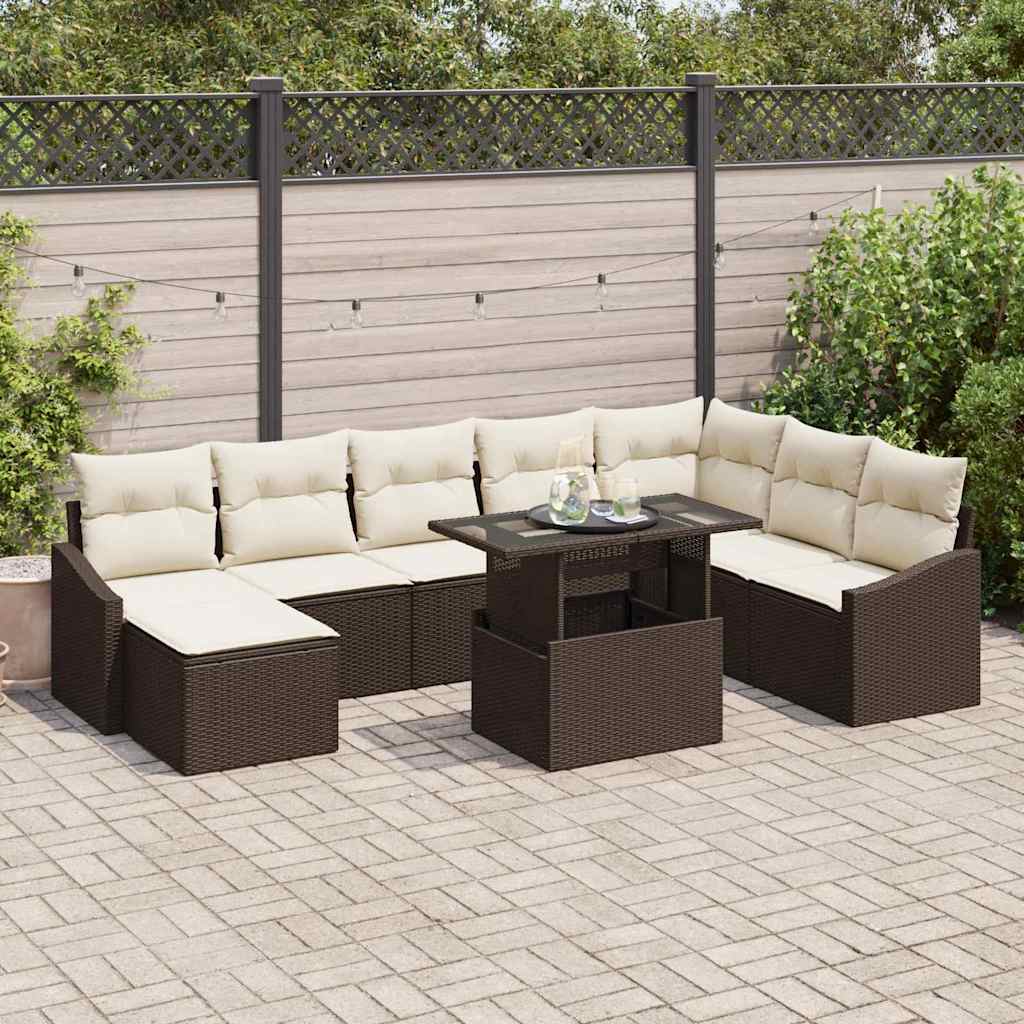 JUNG Vida Sofa Set mit Kissen 9 pcs Braun und Creme Poly-Rattan