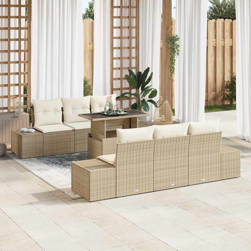 JUNG Vida Sofa Set mit Kissen 7 pcs Beige und Creme Poly-Rattan