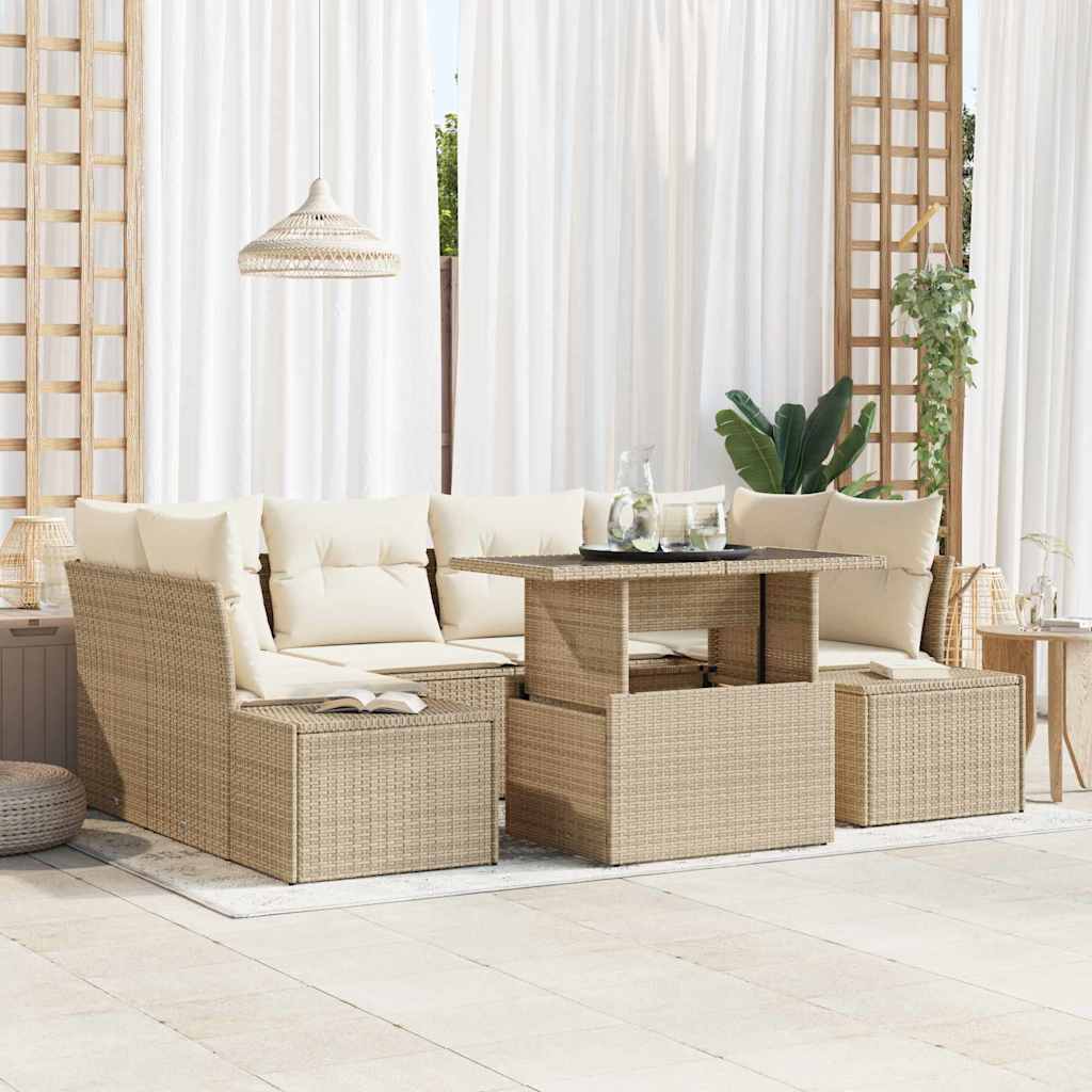 JUNG Vida Sofa Set mit Kissen 7 pcs Beige und Creme Poly-Rattan