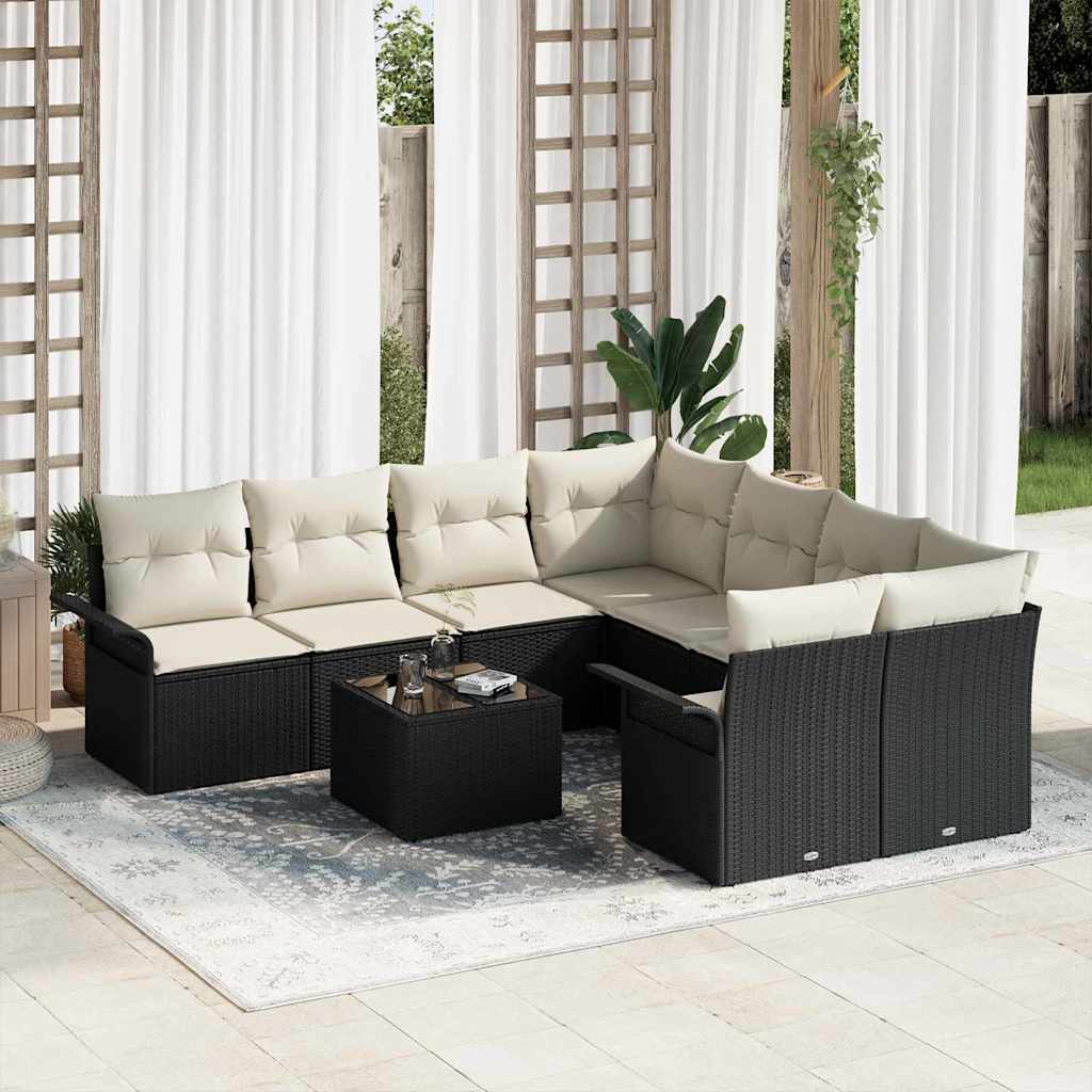 JUNG Vida Gartensofa-set mit Kissen 9 pcs Schwarz und Creme Poly-Rattan