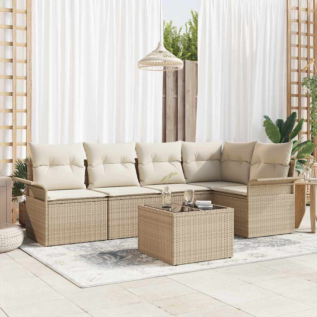 JUNG Vida Garten-Sofa-Set mit Kissen mit Speicher 6 pcs Beige Poly Rattan