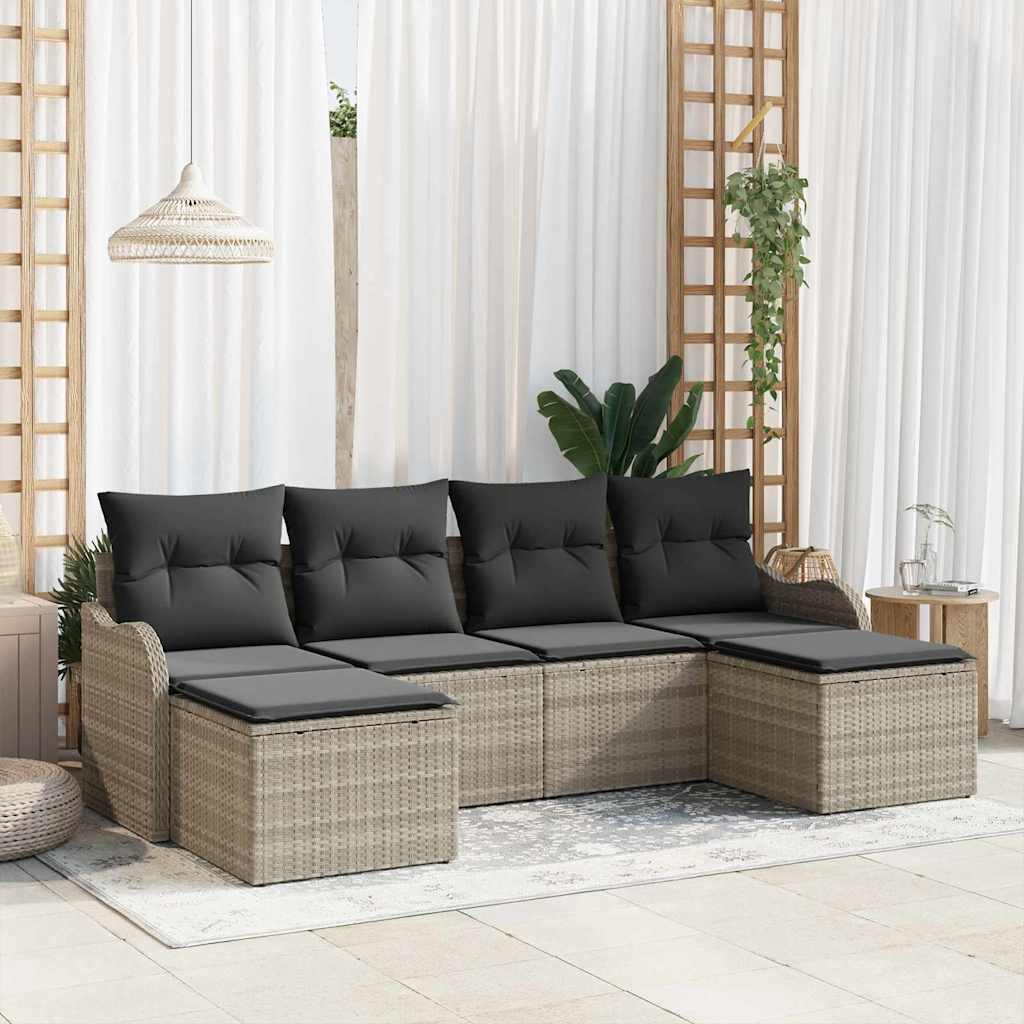JUNG Vida Garten-Sofa-Set mit Kissen 6 pcs Hellgrau Poly Rattan