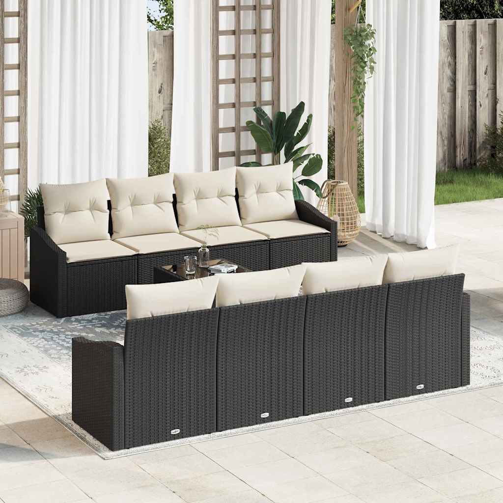 JUNG Vida Sofa Set mit Kissen 7 pcs Schwarz und Creme Poly-Rattan