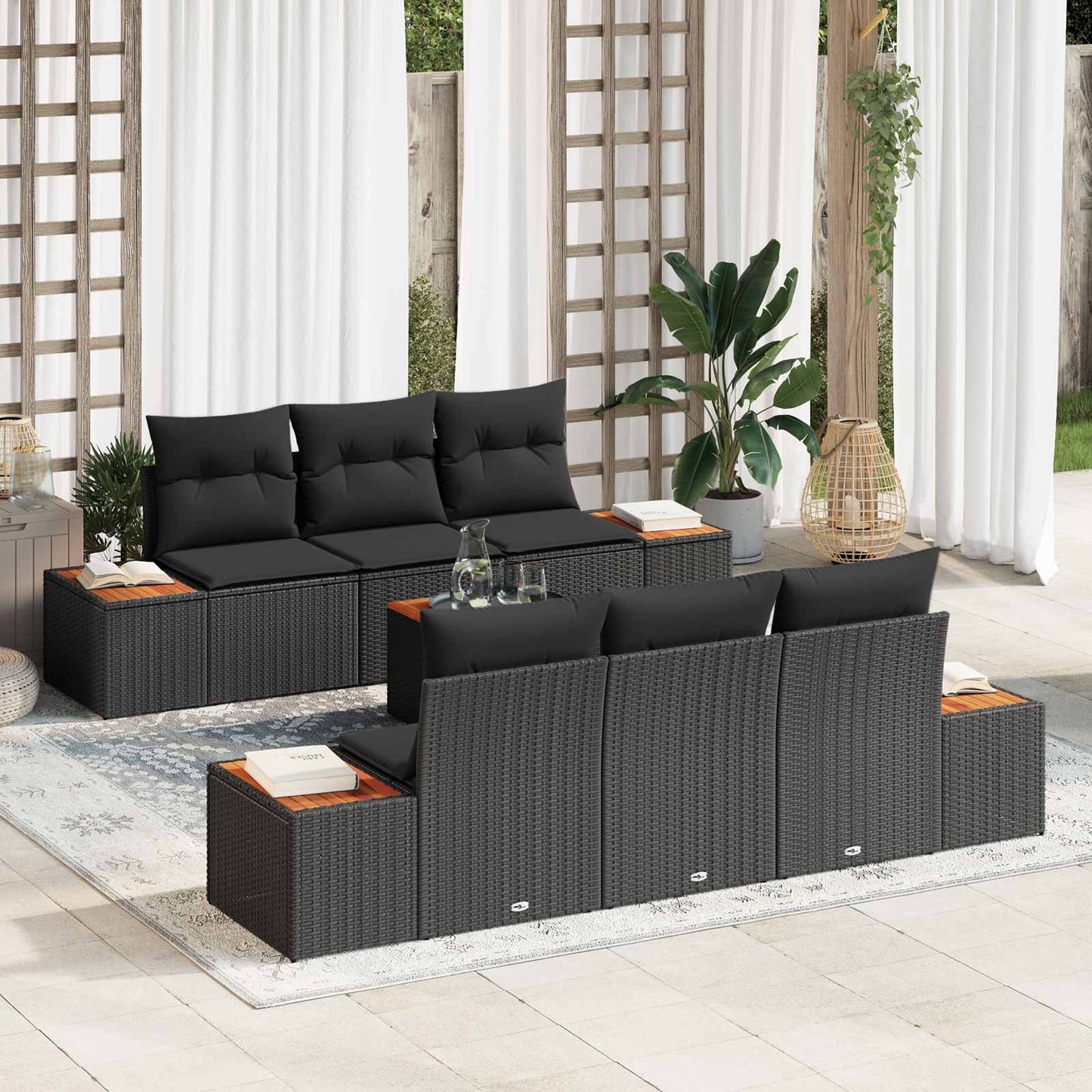 JUNG Vida Garten-Sofa-Set mit Kissen 7 pcs Schwarz Poly Rattan
