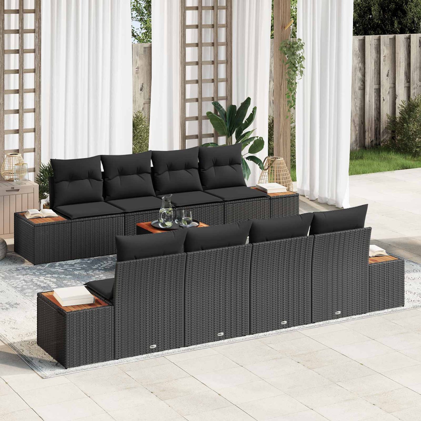 JUNG Vida Garten-Sofa-Set mit Kissen 9 pcs Schwarz Poly Rattan