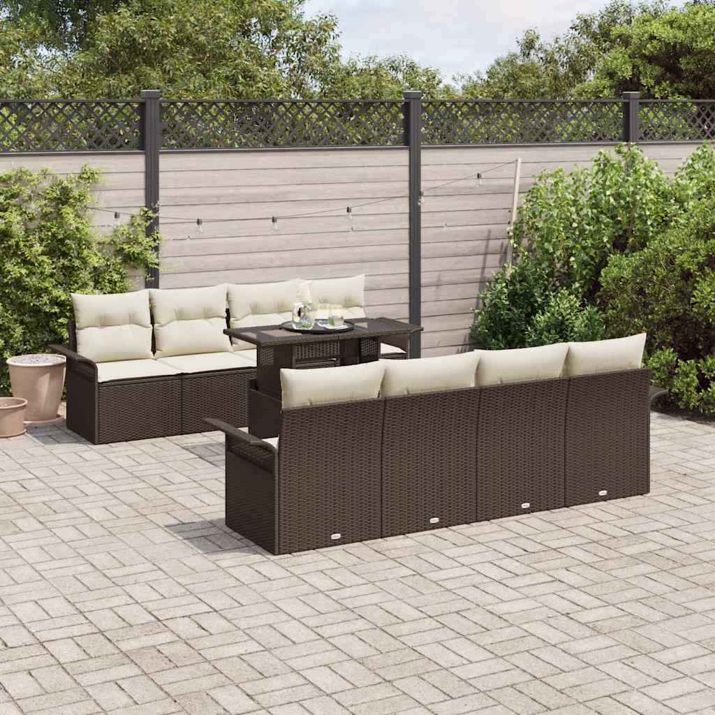 JUNG Vida Garten-Sofa-Set mit Kissen mit Speicher 9 pcs Braun Poly Rattan