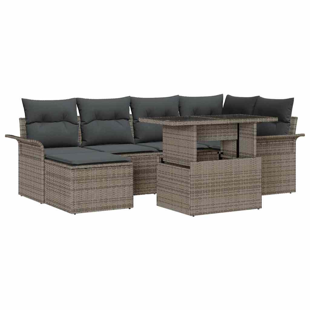 JUNG Vida Garten-Sofa-Set mit Kissen mit Speicher 7 pcs Grau Poly Rattan