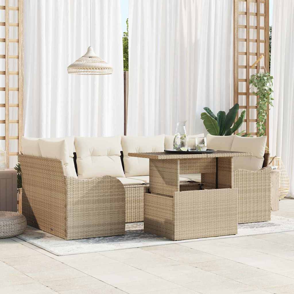 JUNG Vida Gartensofa-set mit Kissen mit Speicher 7 pcs Beige Poly Rattan