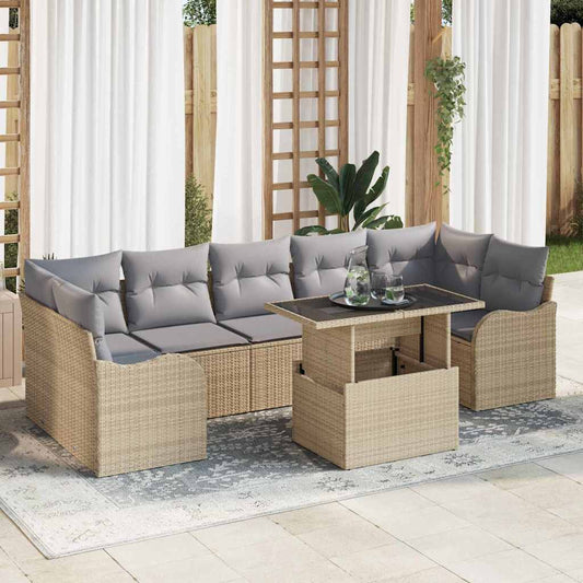 JUNG Vida Garten-Sofa-Set mit Kissen mit Speicher 8 pcs Beige Poly Rattan