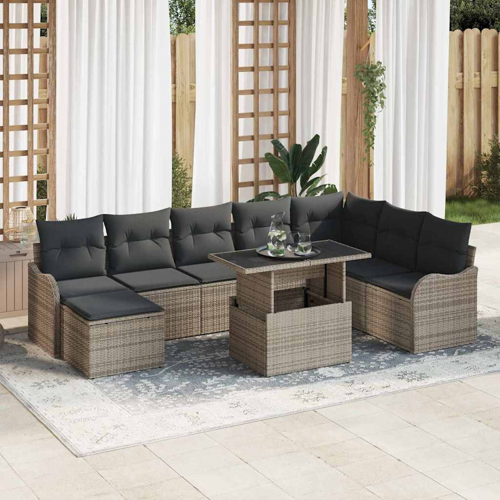 JUNG Vida Garten-Sofa-Set mit Kissen mit Speicher 9 pcs Grau Poly Rattan
