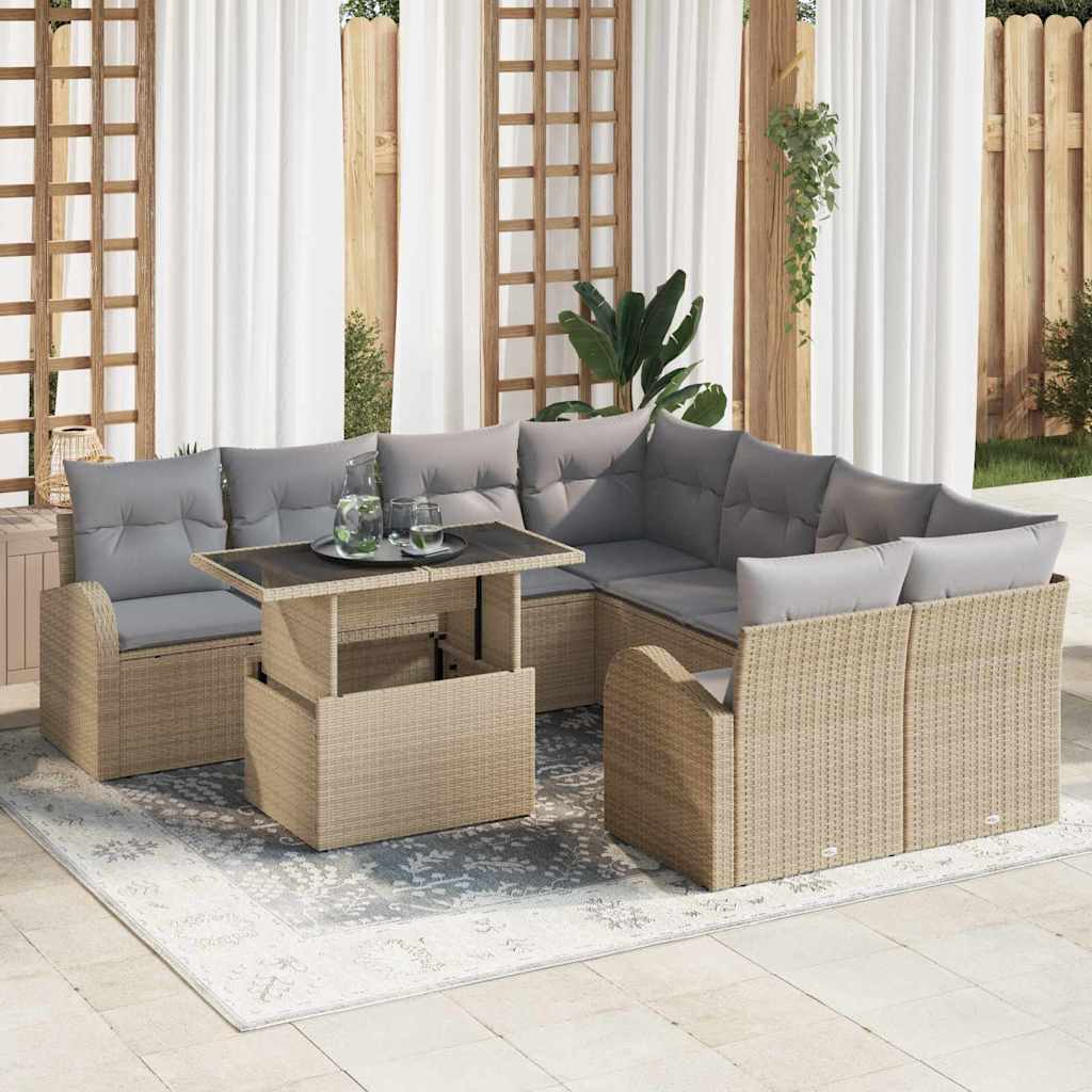 JUNG Vida Garten-Sofa-Set mit Kissen mit Speicher 9 pcs Beige Poly Rattan