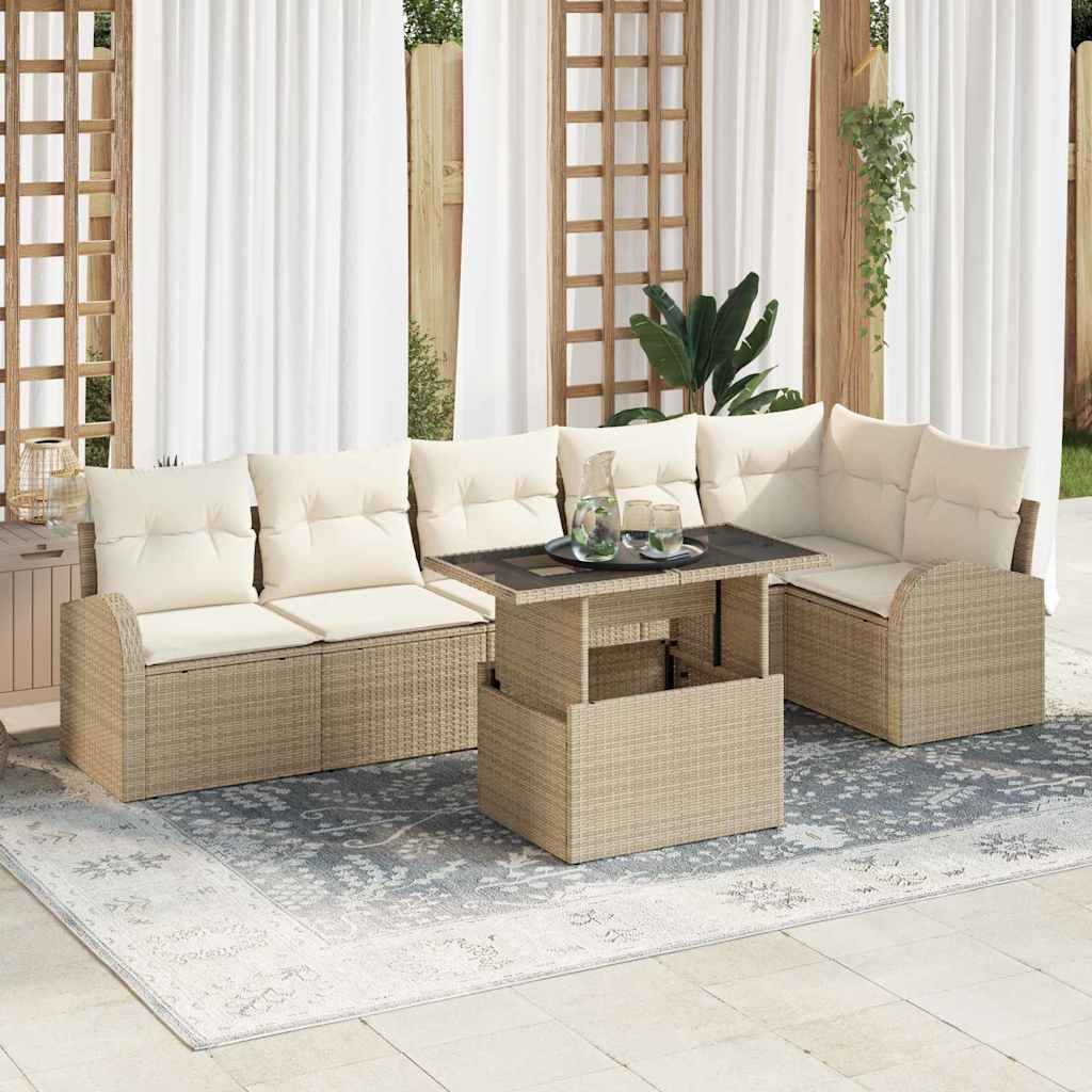 JUNG Vida Garten-Sofa-Set mit Kissen mit Speicher 7 pcs Beige Poly Rattan