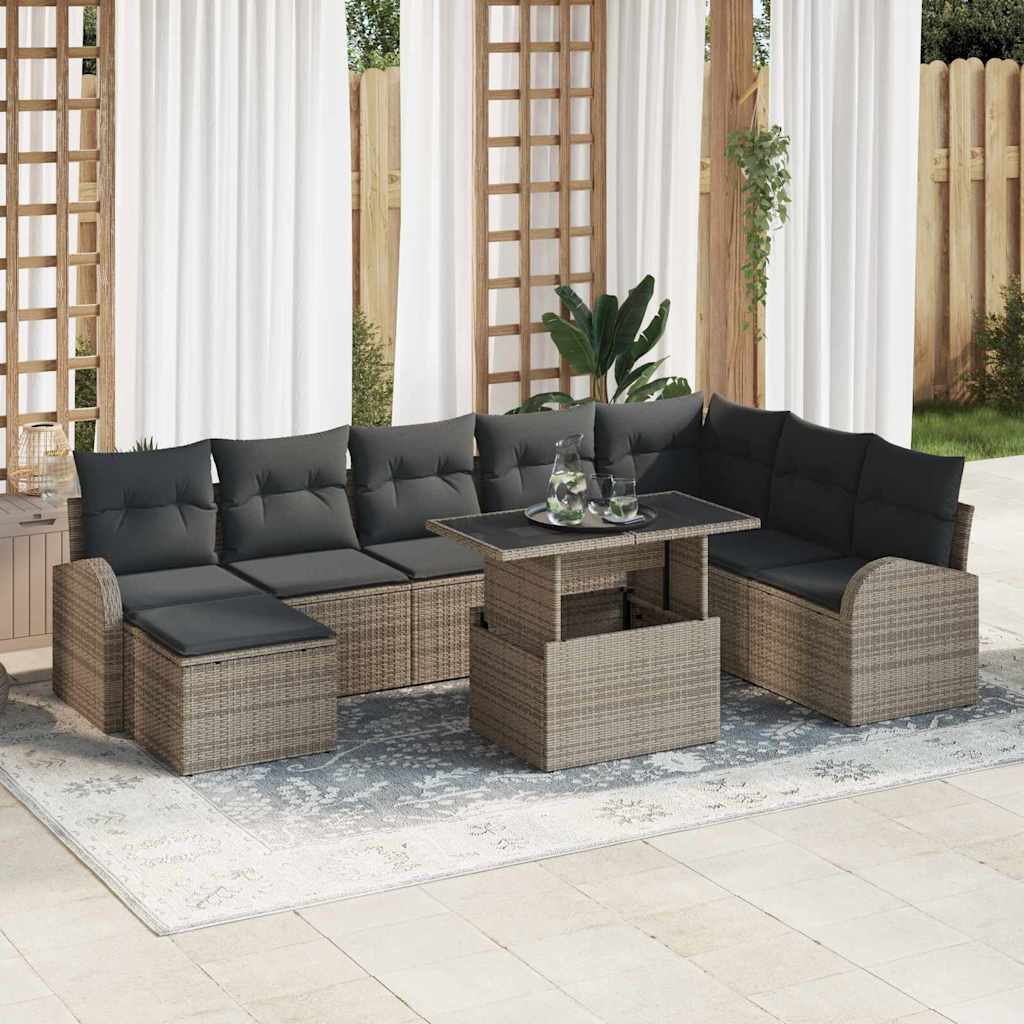 JUNG Vida Garten-Sofa-Set mit Speicher 9 pcs Grau Poly Rattan