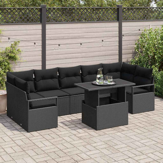 JUNG Vida Garten-Sofa-Set mit Speicher 8 pcs Schwarz Poly Rattan