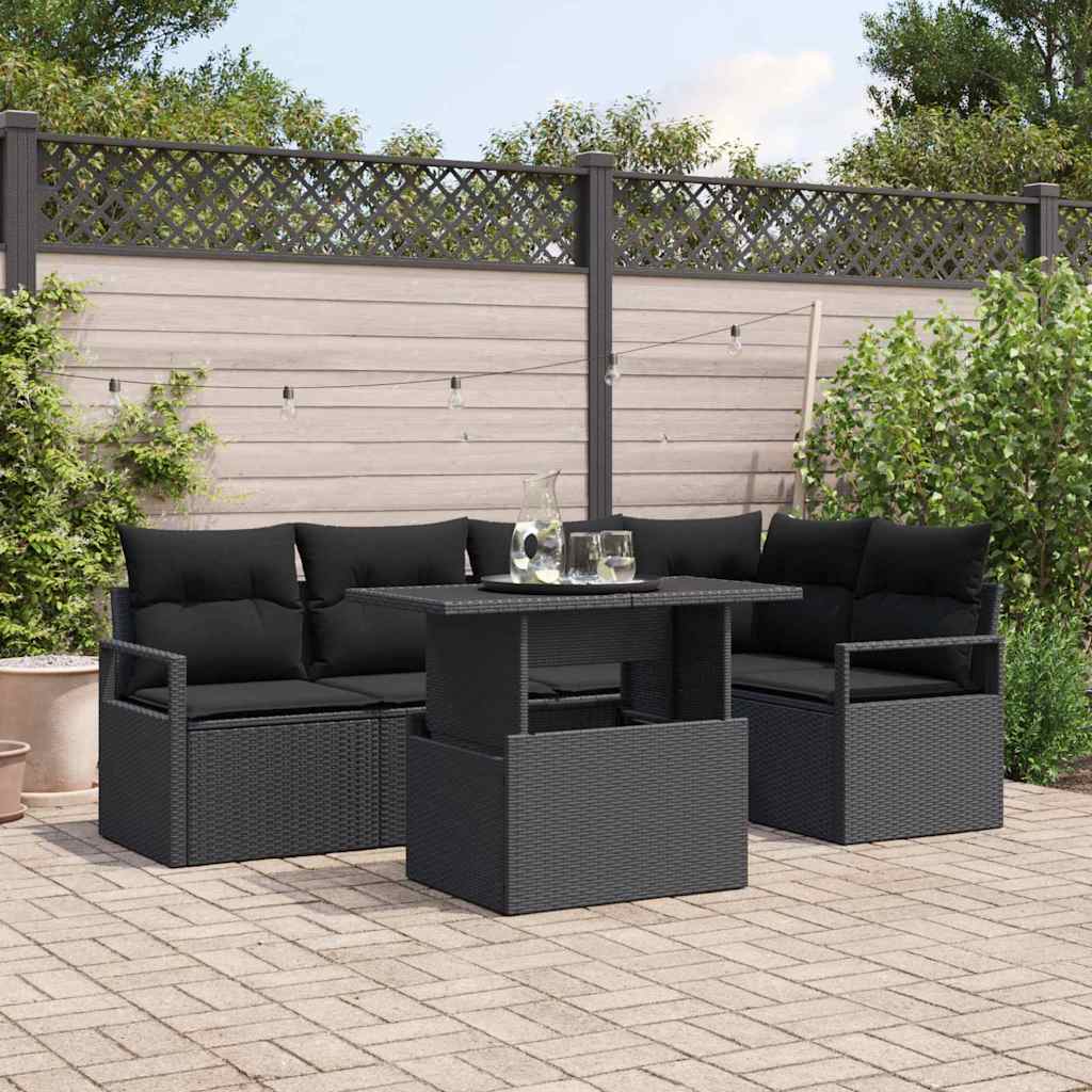 JUNG Vida Garten-Sofa-Set mit Speicher 6 pcs Schwarz Poly Rattan