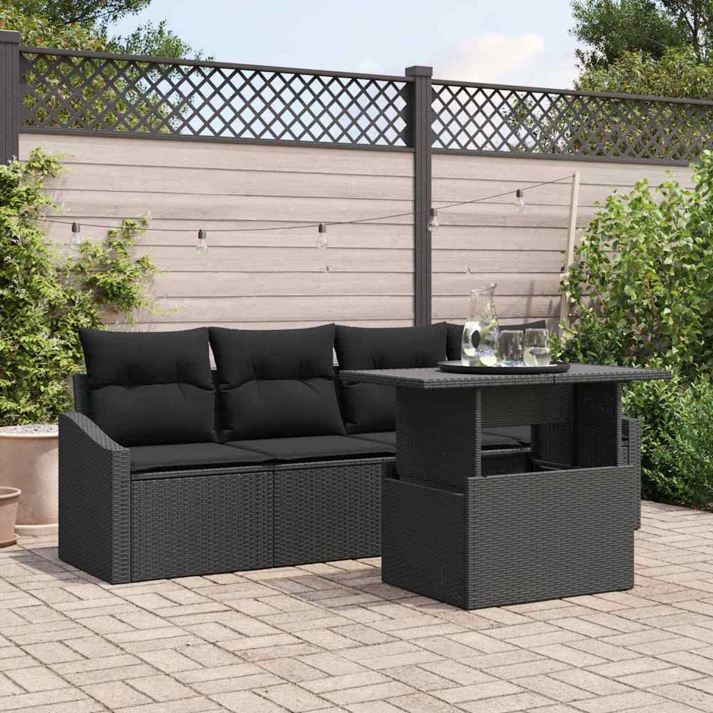 JUNG Vida Garten-Sofa-Set mit Speicher 5 pcs Schwarz Poly Rattan
