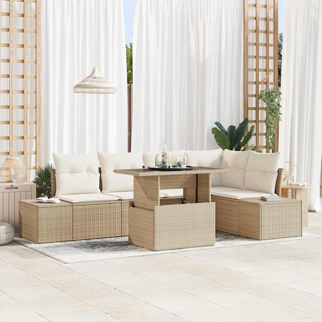 JUNG Vida Garten-Sofa-Set mit Speicher 6 pcs Beige Poly Rattan