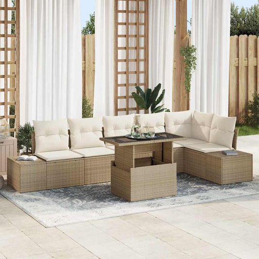 JUNG Vida Garten-Sofa-Set mit Speicher 7 pcs Beige Poly Rattan