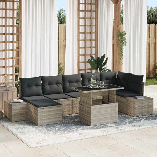 JUNG Vida Garten-Sofa-Set mit Speicher 8 pcs Hellgrau Poly Rattan