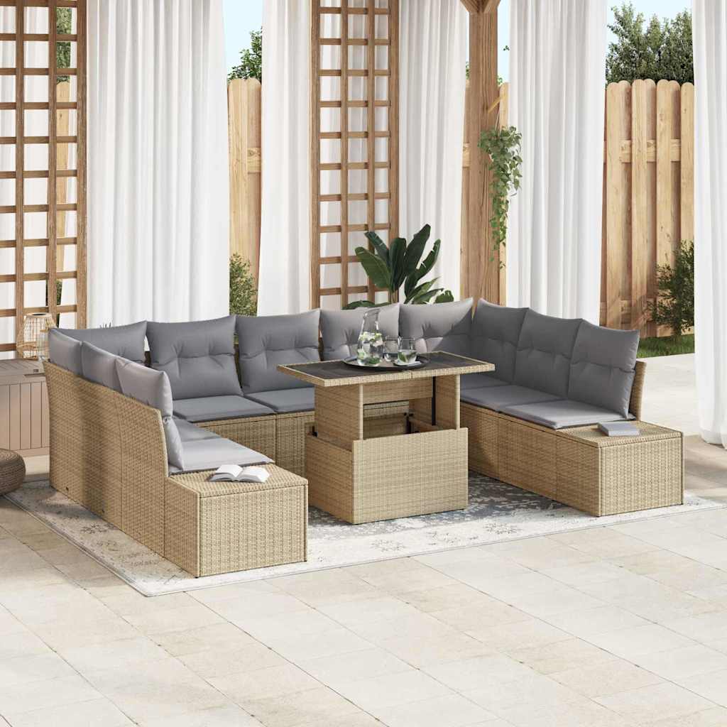 JUNG Vida Garten-Sofa-Set mit Speicher 10 pcs Beige Poly Rattan