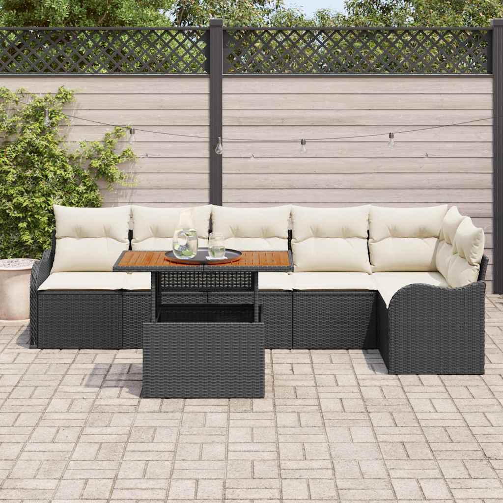 JUNG Vida Garten-Sofa-Set mit Speicher 7 pcs Schwarz Poly Rattan