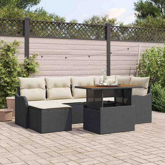 JUNG Vida Garten-Sofa-Set mit Speicher 7 pcs Schwarz Poly Rattan