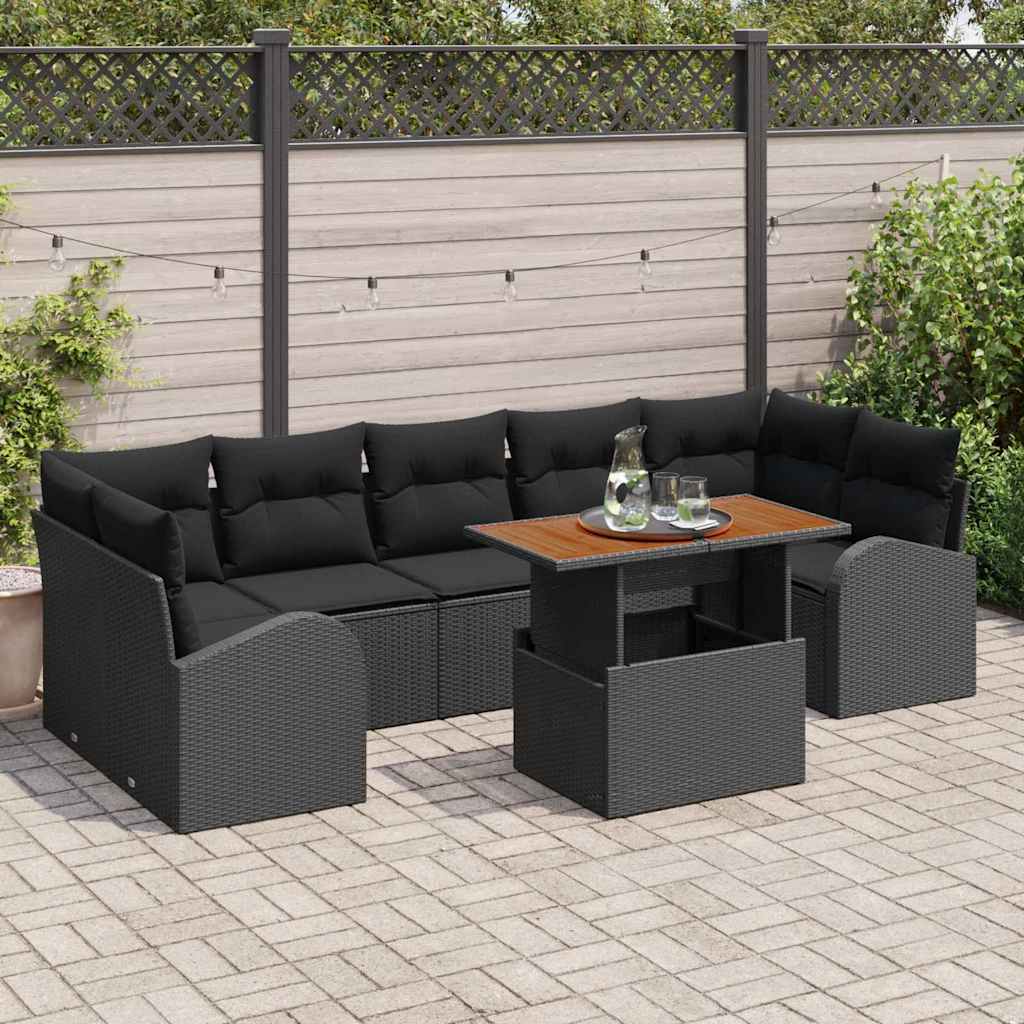 JUNG Vida Garten-Sofa-Set mit Speicher 8 pcs Schwarz Poly Rattan