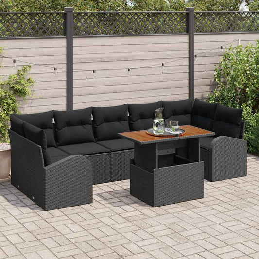 JUNG Vida Garten-Sofa-Set mit Speicher 8 pcs Schwarz Poly Rattan