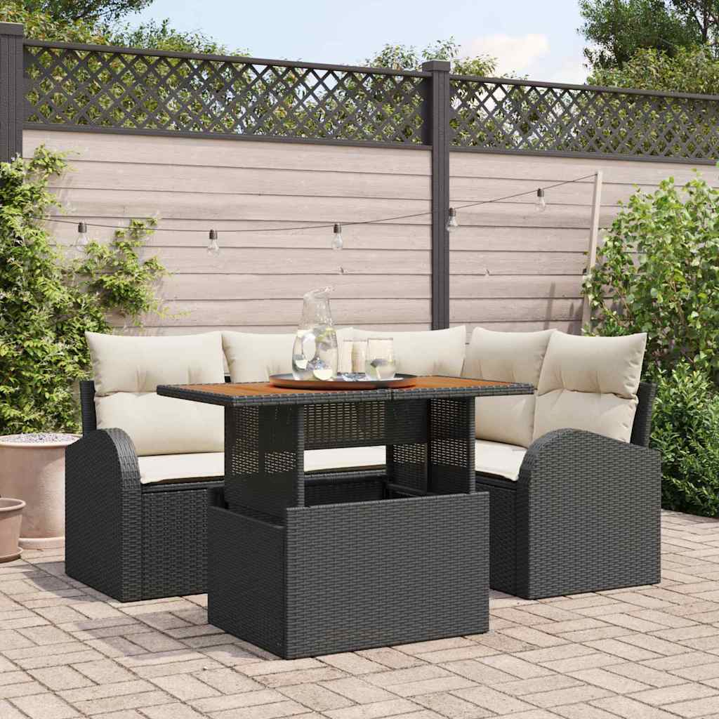 JUNG Vida Garten-Sofa-Set mit Speicher 5 pcs Schwarz Poly Rattan