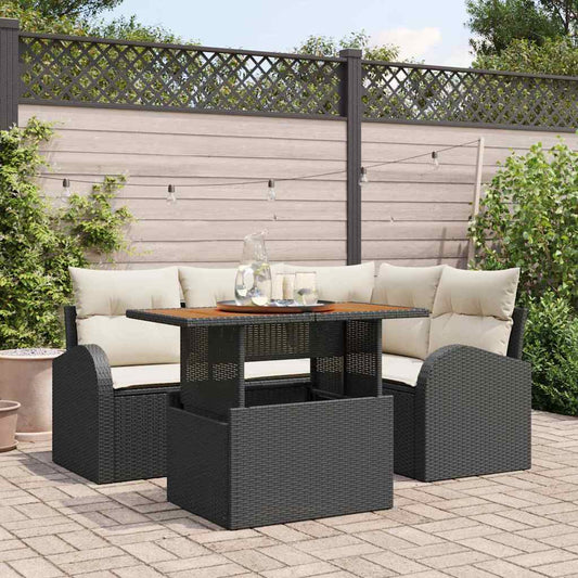 JUNG Vida Garten-Sofa-Set mit Speicher 5 pcs Schwarz Poly Rattan