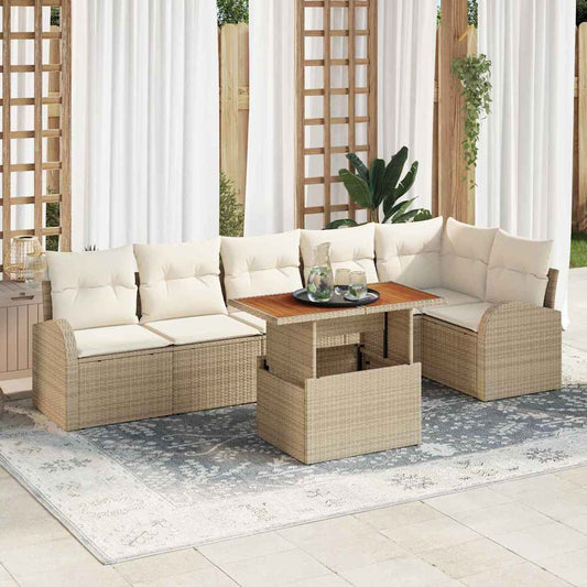 JUNG Vida Garten-Sofa-Set mit Speicher 7 pcs Beige Poly Rattan