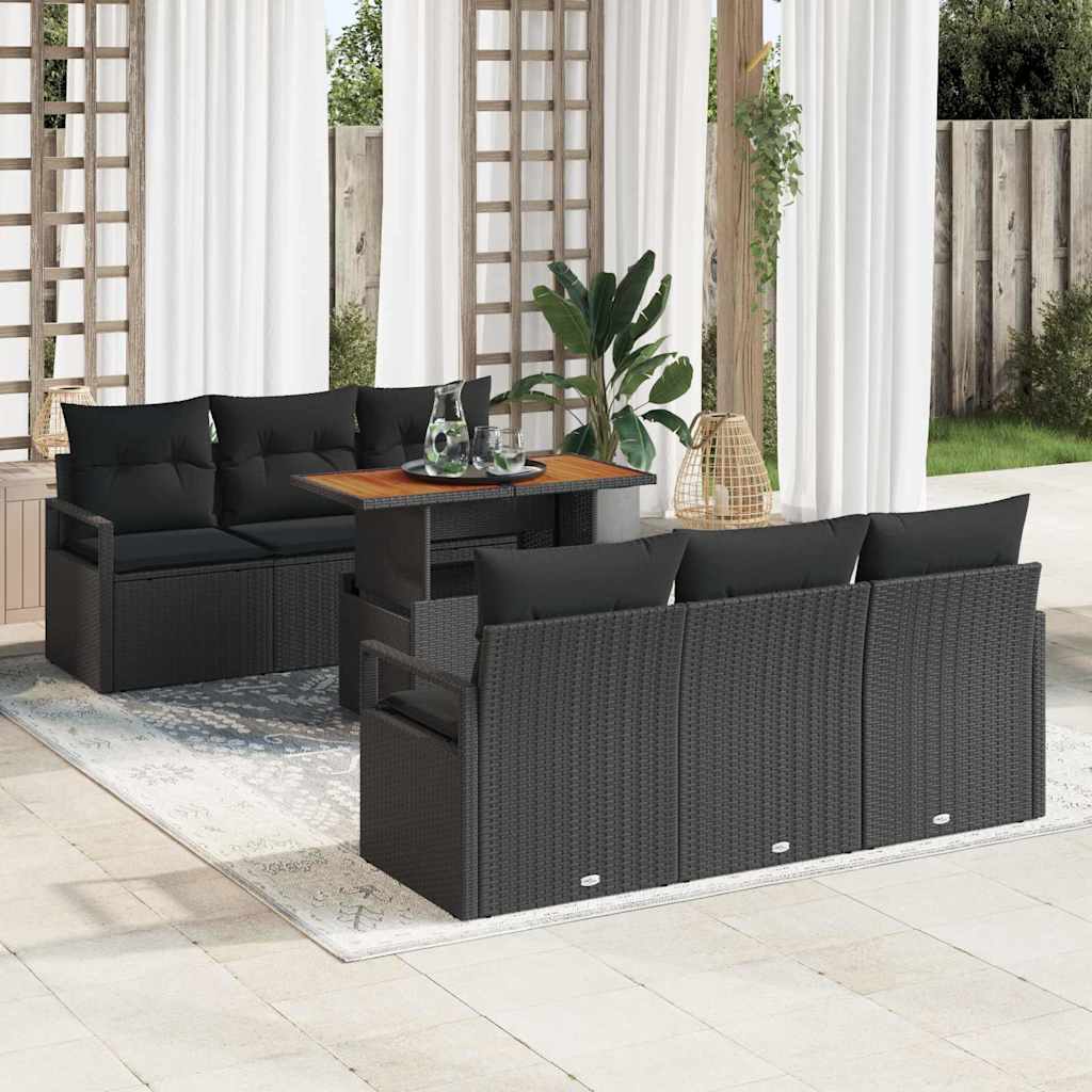 JUNG Vida Garten-Sofa-Set mit Speicher 7 pcs Schwarz Poly Rattan