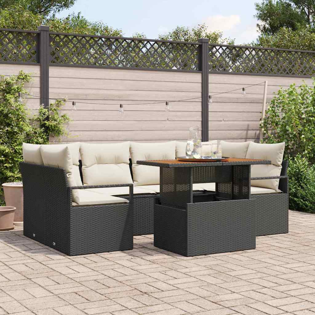 JUNG Vida Garten-Sofa-Set mit Speicher 7 pcs Schwarz Poly Rattan