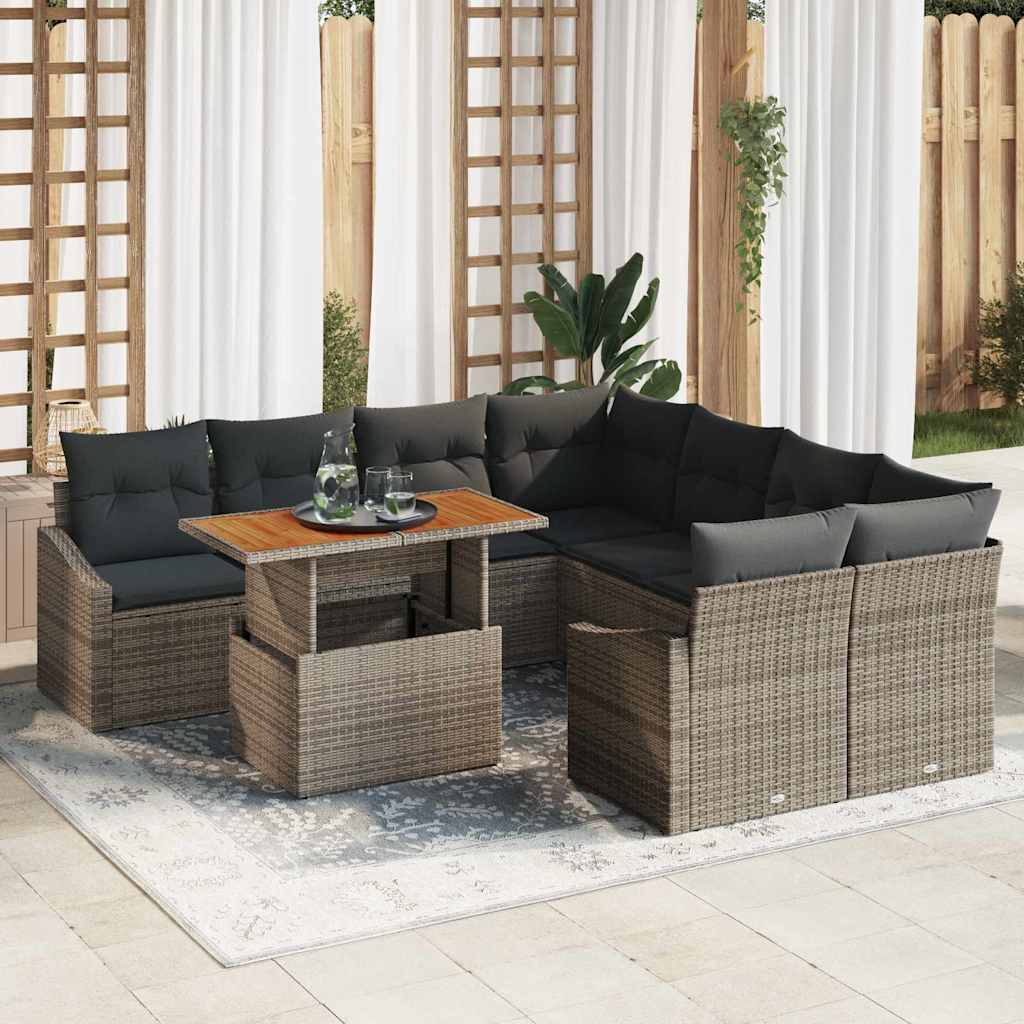 JUNG Vida Garten-Sofa-Set mit Speicher 9 pcs Grau Poly Rattan