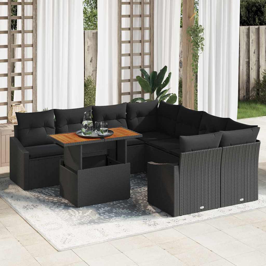 JUNG Vida Garten-Sofa-Set mit Speicher 9 pcs Schwarz Poly Rattan